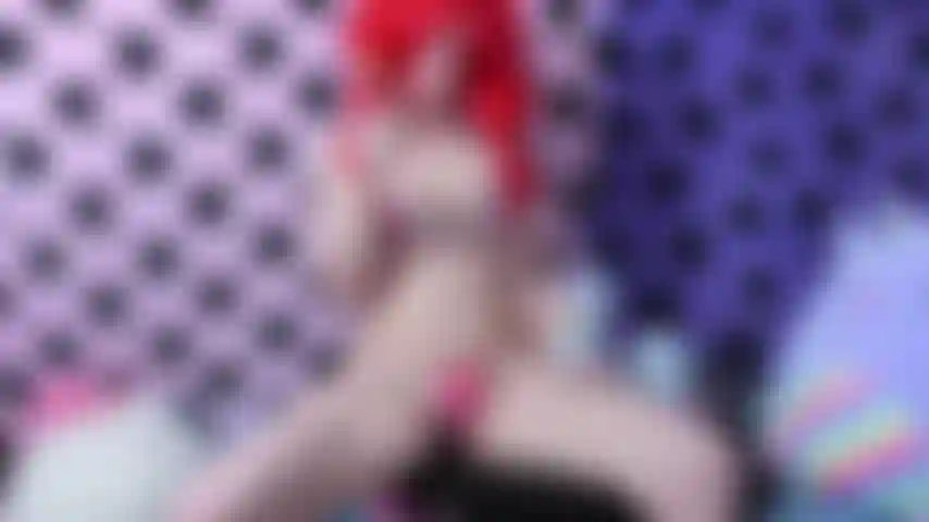 Cute Masturbation with pastel colored unicorn horn dildo in Heart Bikini and red wig while licking colorful lollipop.