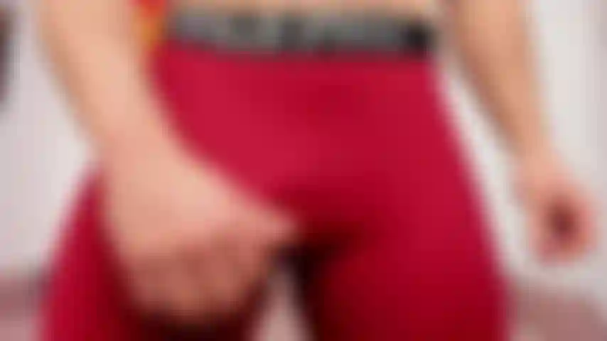 Showing my bulge in red tight pants, than taking my dick and balls out to show them closer to cam