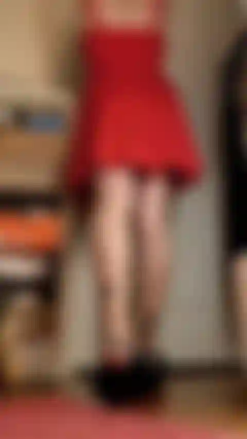 red dress long legs bend over, soles show