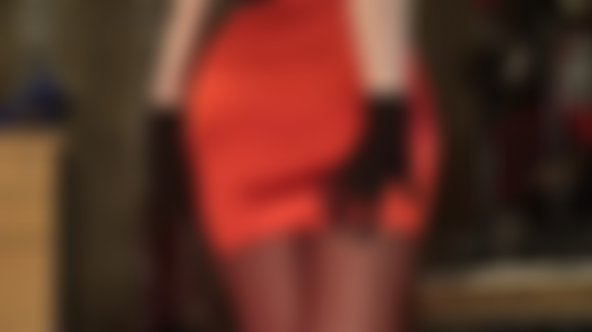 Shiny red satin skirt and glossy pantyhose worship.
