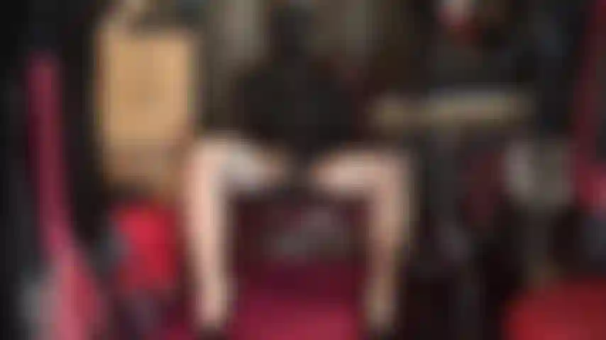 Stroking 2 huge black dildos - spandex hood with open eyes, mistress leather hat, latex gloves, shiny stockings and hose.