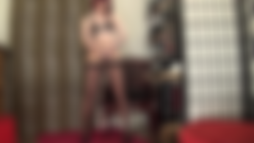 Mistress Vivian shows off her wonderful curves in skimpy underwear, sheer bra and nylon layers of glossy nude pantyhose and seamed black stockings, paired with an 8 inch black strap-on cock.