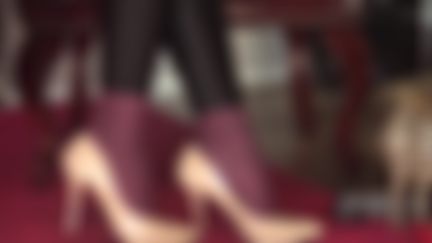 Teasing the foot and heel lover in shiny nude classic leather pumps, leggings and opaque burgundy tights.