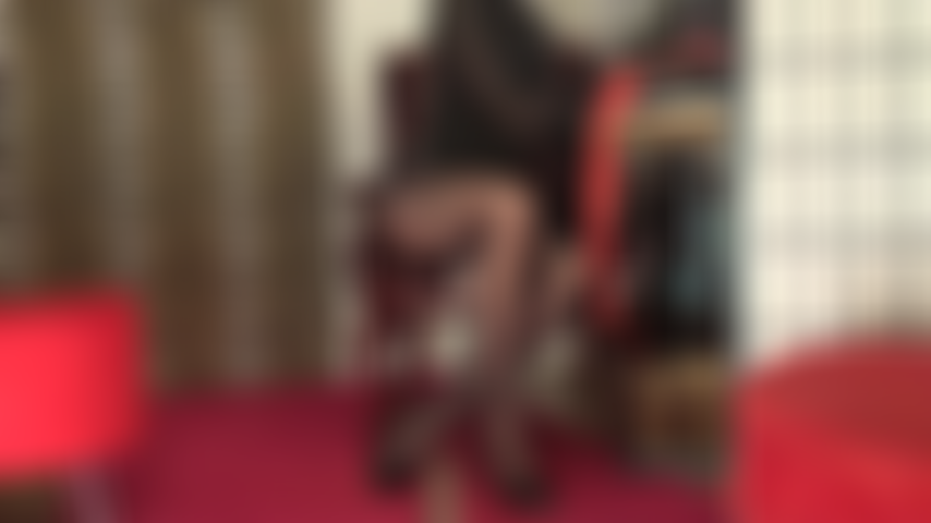 Red stockings over black pantyhose with strapon - Your Goddess knows your love for her rubber cocks and her long nylon-clad legs.
