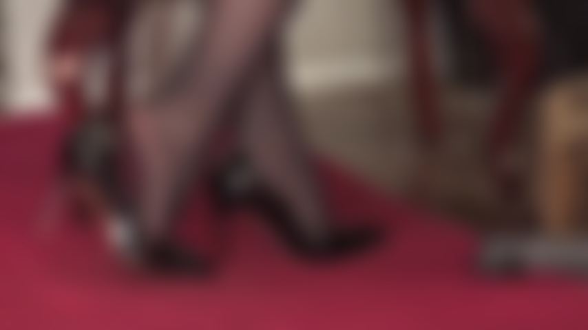Shoe dipping and high heel worship in shiny black patent stilettos and nylon layers.