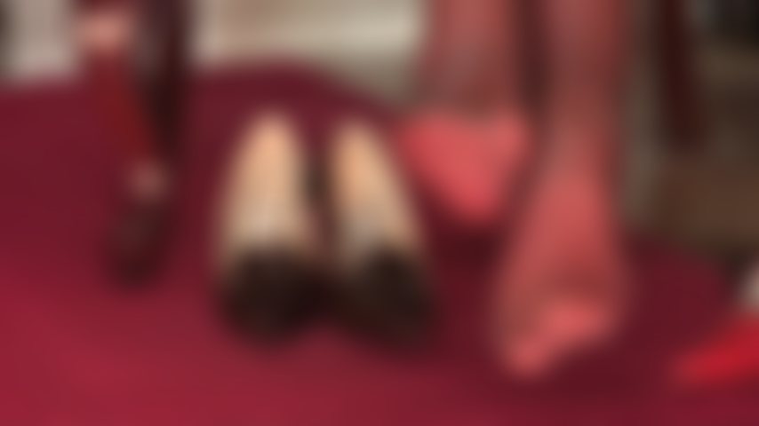 Foot worship in layers of super glossy red and gray nylon layers - So close you can almost taste them.