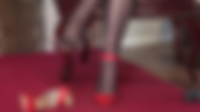 Foot worship in very sheer black pantyhose - Adore my beautiful soft nylon soles as the red ankle strap heels are removed.