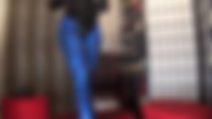Blue metallic shiny leggings and glossy black pvc thong bodysuit - such an exciting tight outfit to worship Mistress' body in.
