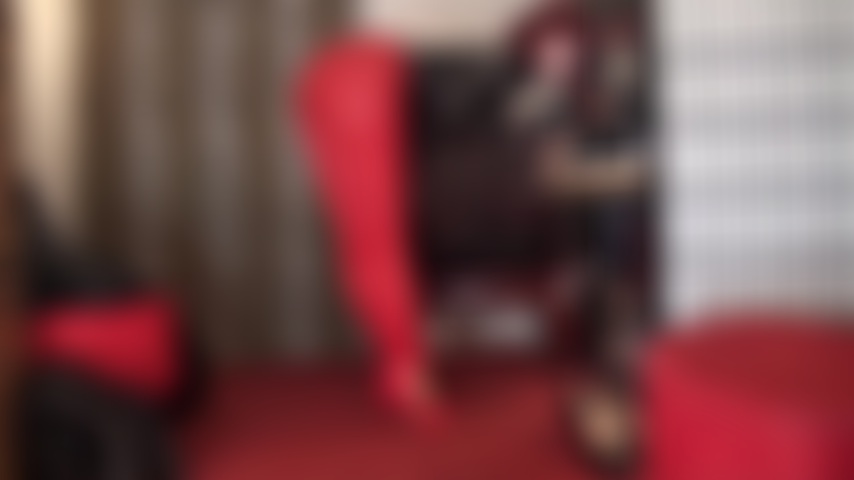 Leather gloved handjob in red leggings, heels and pvc top - What your cock needs right now is Mistress' leather gloves wrapped around your hard throbbing cock with some of her saliva.