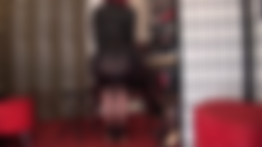 Sheer seduction, stockings tease, bare ass and gloved handjob - Oh, the sights of Mistress' long legs in seamed lace top stockings, a sheer dress that goes up and up revealing her bare ass in lace thong while milking your slave cock with gloved hands.