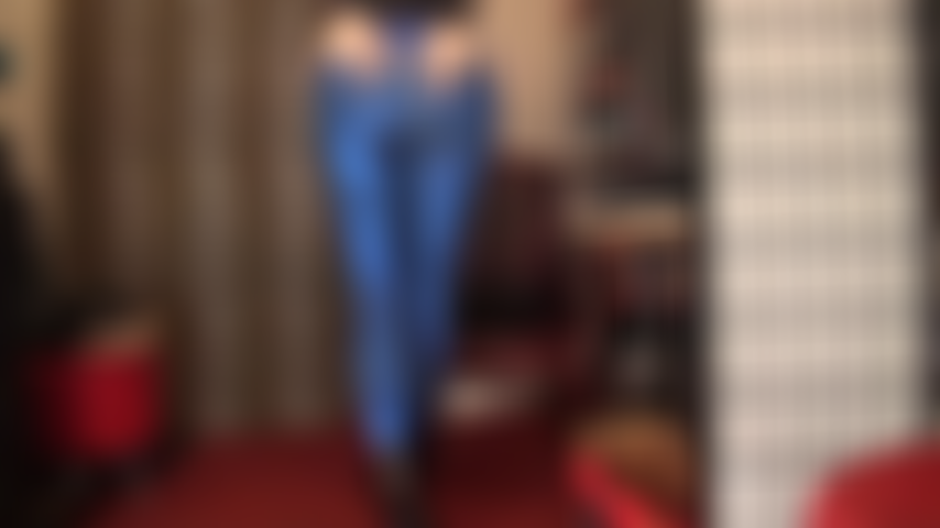 Body worship in blue metallic leggings and black ankle boots.