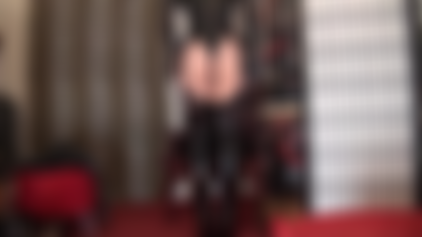Handjob in PVC bodysuit, 12-strap garter belt and stockings with tall shiny boots - Mistress grants a peek into the zippered bodysuit while teasing your slave cock.