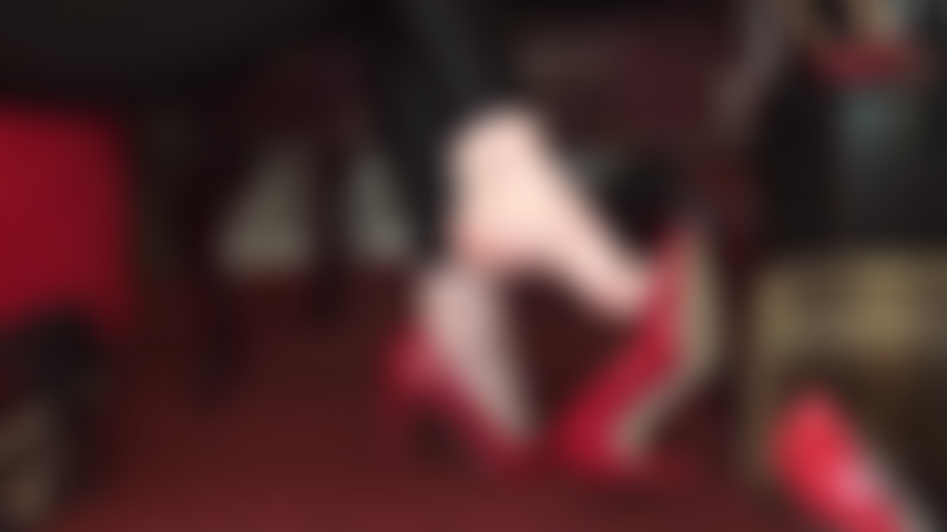 Barefoot in heels, dangling, shoe dipping - a foot fetish tease par excellence.