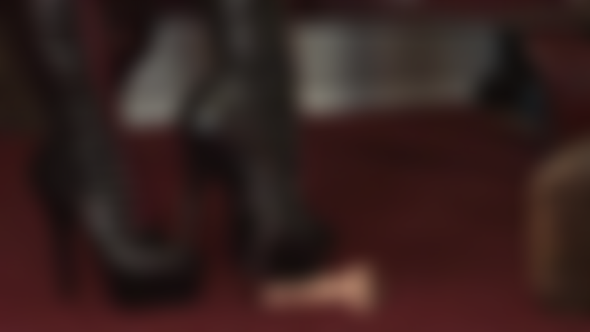Boot trampling - your useless slave dick receives the punishment it deserves by being stepped on with Mistress' leather boots and beaten by her whip and several pairs of high heels.