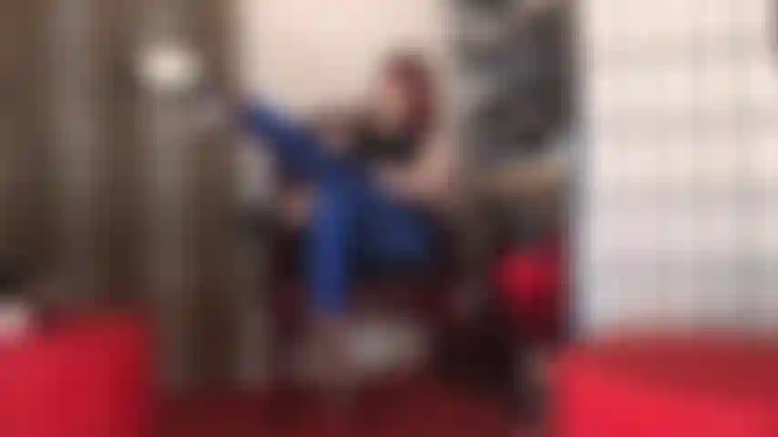 Blue metallic lycra leggings and extreme tall platform heels - these long legs look fantastic in shiny leggings and open toe heels.