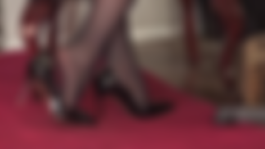Shoe dipping and high heel worship in shiny black patent stilettos and nylon layers.