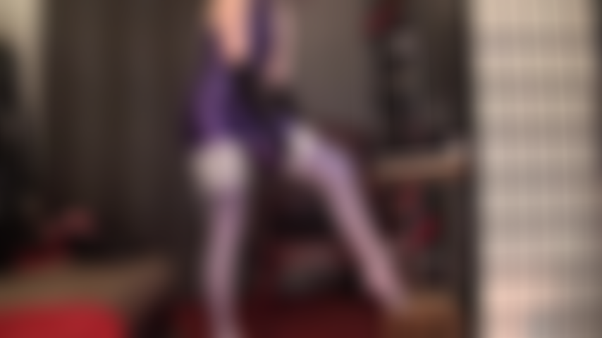 Strap-on Domination in sexy purple Leohex spandex suit and white stockings - So much shine has you dizzy and weak for her cock.