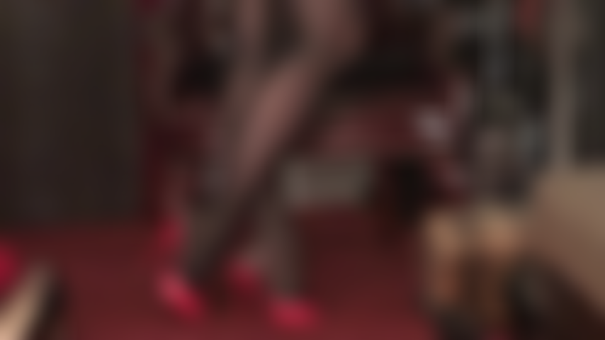 Extra glossy black oil sheen pantyhose and red high heel mules