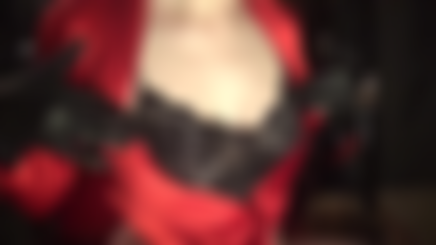 Sexy cleavage in lingerie - Adore Mistress' breasts in a black lace bustier, red satin  blouse while leather gloves explore.