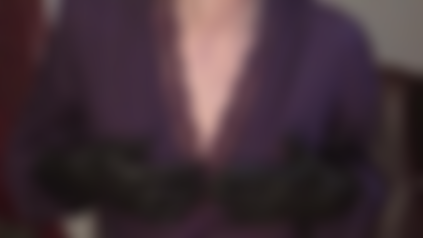 Sensual tease with mistress' breasts in a pretty purple bodysuit - don't you wish you were worthy enough to see them.