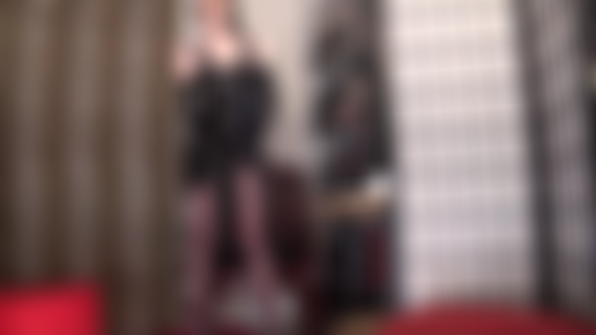 Giant black strapon and pvc goddess worship - hot fetish lady in all black, leather gloves, pvc dress, sunglasses strutting with her massive black dick.