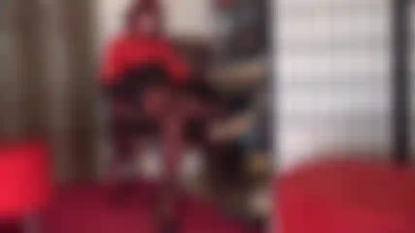 Leg worship in red stockings, strapon domination.