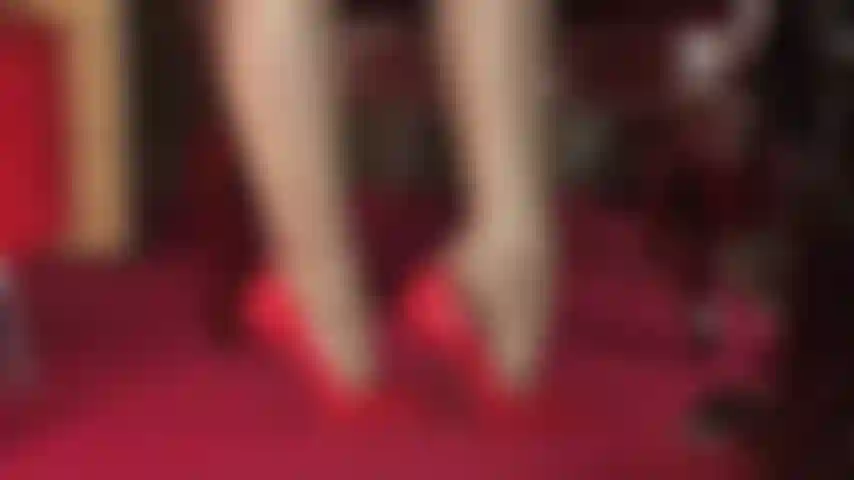 Foot worship in incredibly shiny nylon layers and glossy red patent pumps.