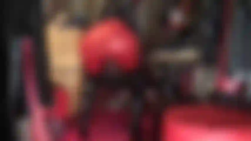 Facesitting and ass worship in red leggings, shiny patent overknees boots and spandex hood.