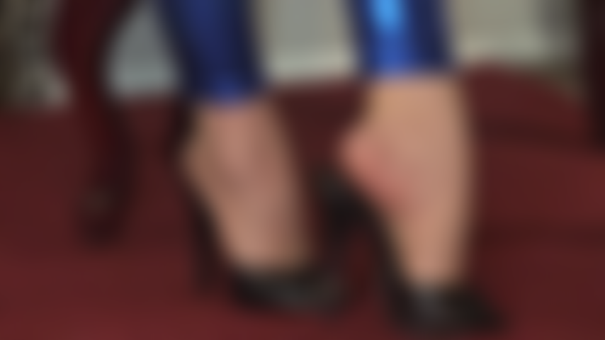 Intense foot and high heel worship in black leather mules - mistress understands your love for her beautifully arched feet in sexy stilettos.