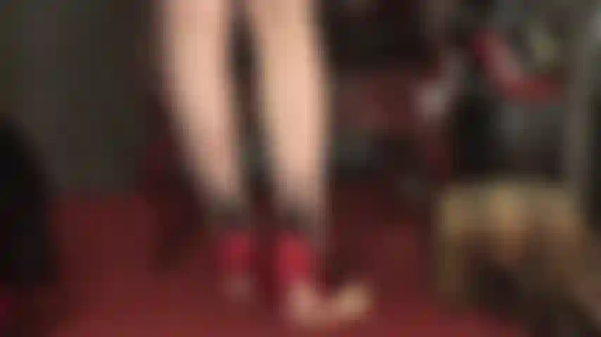 Cock trampling and a change from nude pantyhose with black seam to a black pair with red seam.