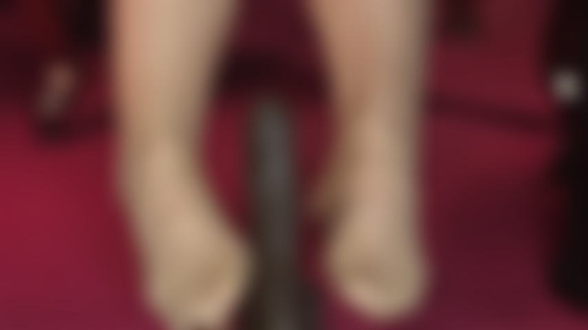 Sexy tan pantyhose feet stroke black cock.