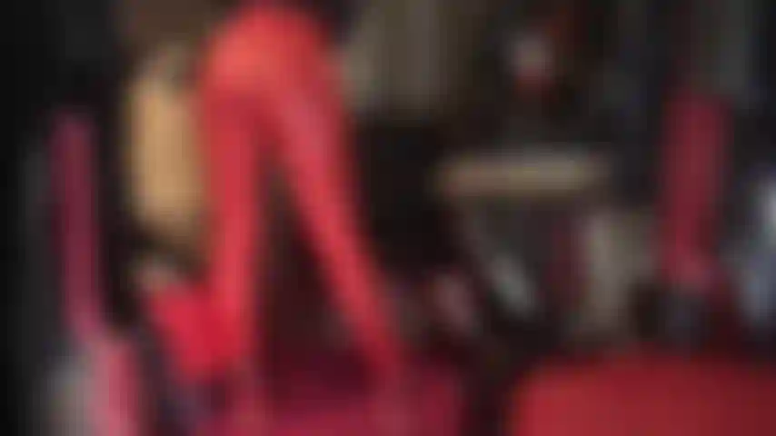 Tight red spandex leggings, ass worship and pegging with 9 inch stryker strap-on.