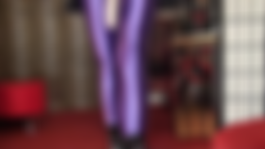 Rough strapon throat fuck in metallic purple lycra tights, leather and ankle boots. Grab hold of your balls while you take mistress' cock.