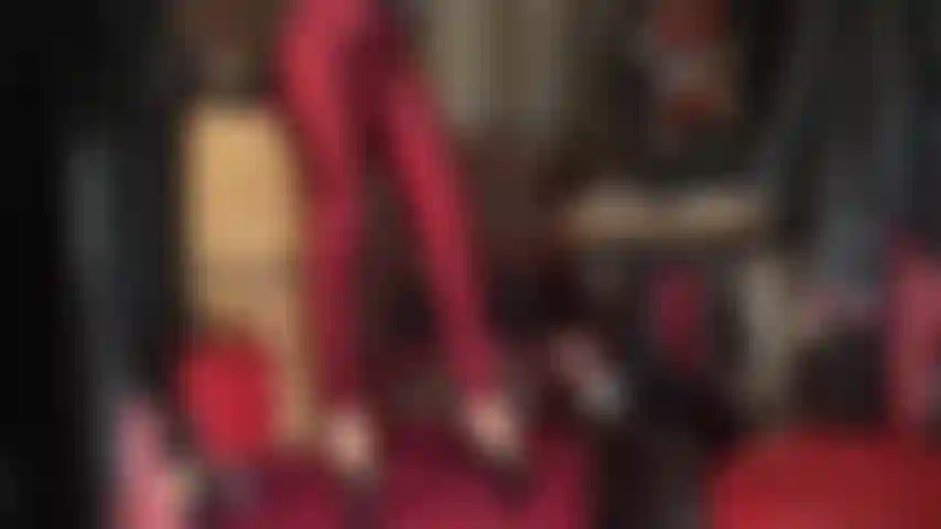 Dark red satin pants and platform heels - shiny red jeans, glossy pvc and extra tall platform heels. Wow!