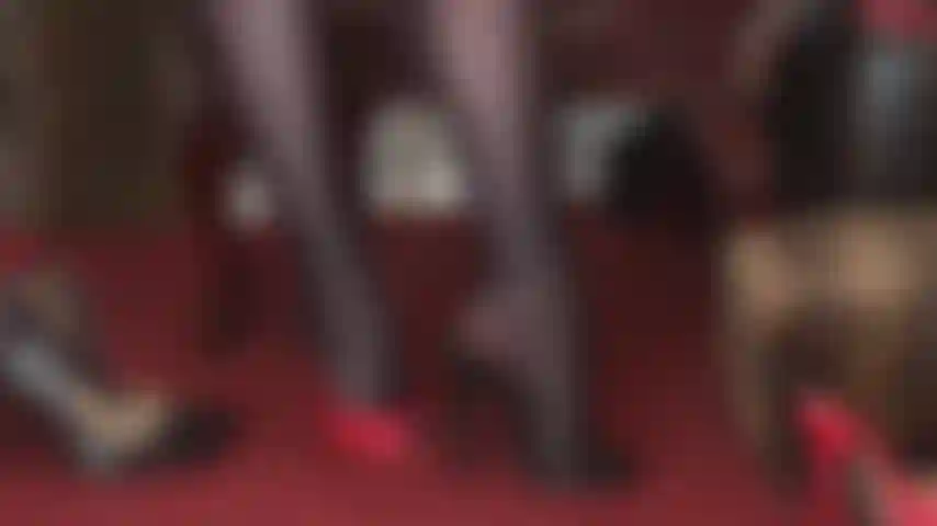 Red or black stiletto mules? Both get you really excited. Enjoy high heel tease, pantyhose foot worship and dangling.