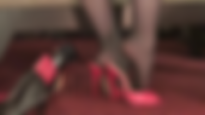 High heel lovers and footboys worship mistress vivian's beautifully arched pantyhose feet in red stiletto slides.