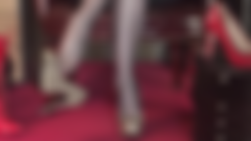 Watch the dangling queen in super sheer black pantyhose and leopard print platform pumps.