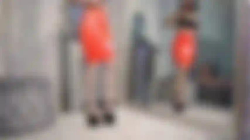 Oiling latex skirt, flashing boobs & pussy