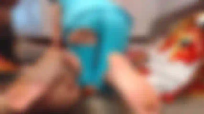 footjob with shackles on, cum on feet